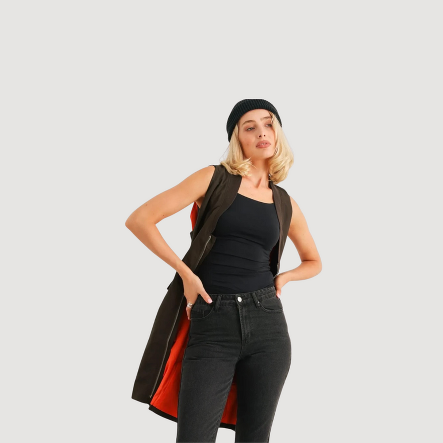 Olive Glossy Zip-Up Belted Vest JacketSleeveless Utility Layer-