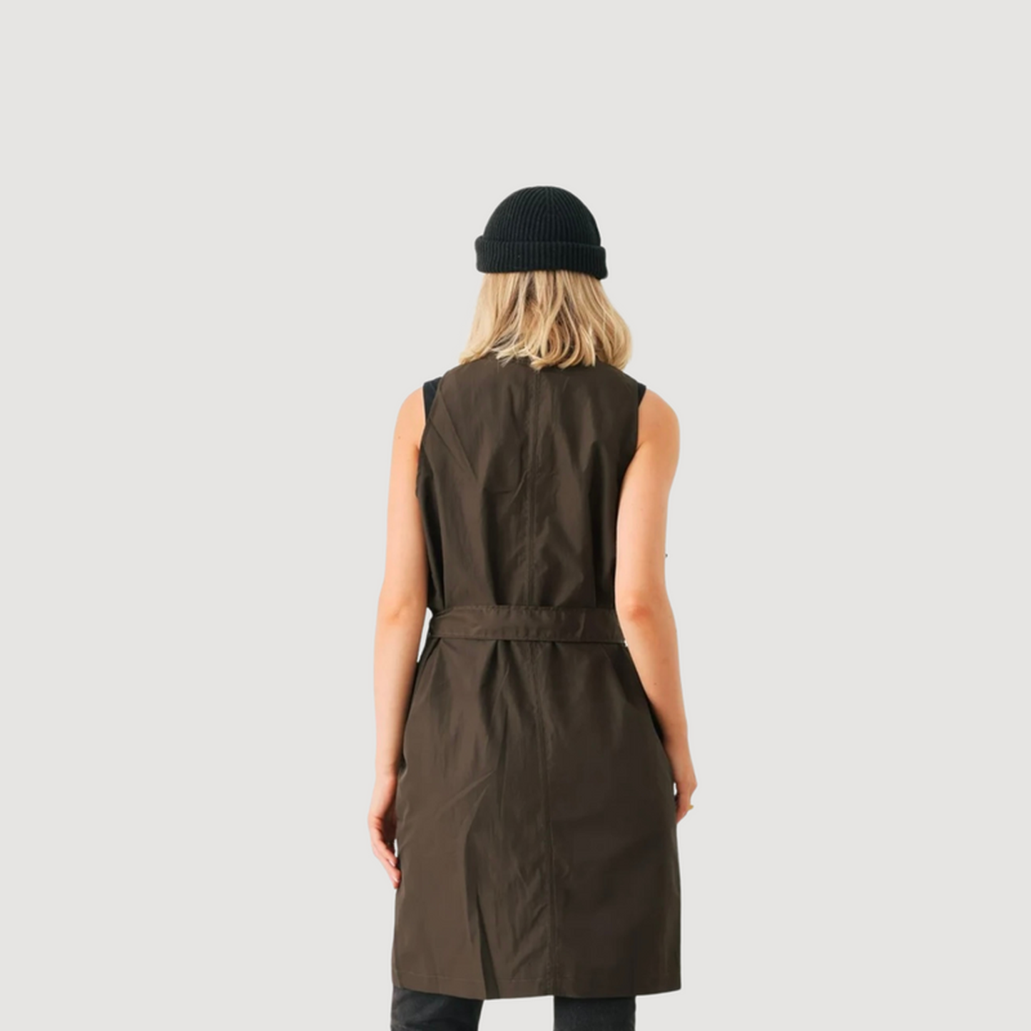 Olive Glossy Zip-Up Belted Vest JacketSleeveless Utility Layer-