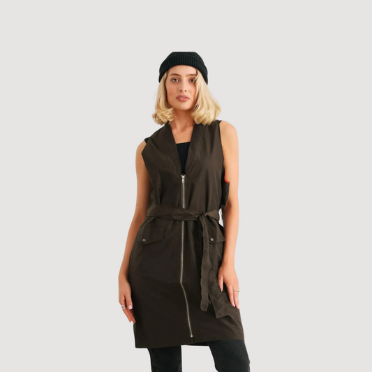Olive Glossy Zip-Up Belted Vest JacketSleeveless Utility Layer-