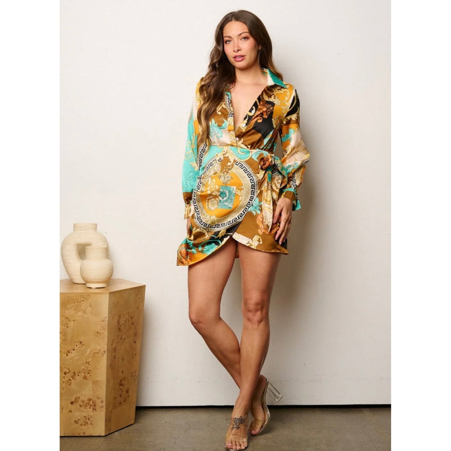 Glow On The RUN Surplice Bodycon Dress (Multi Print)