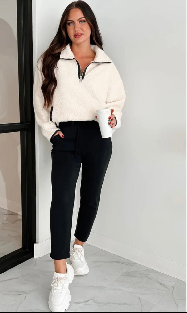 Oversized Sherpa Teddy Fleece Quarter-Zip Pullover | Cream Athleisure Sweatshirt by ShaRUNTM