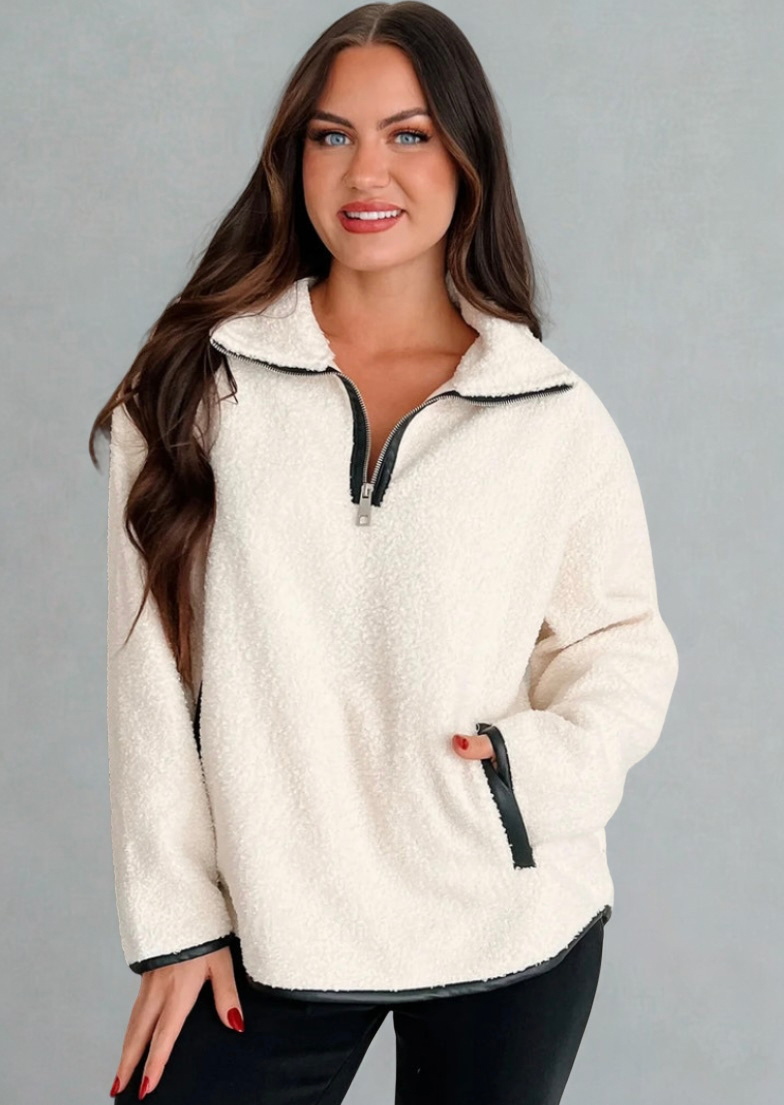 Oversized Sherpa Teddy Fleece Quarter-Zip Pullover | Cream Athleisure Sweatshirt by ShaRUNTM